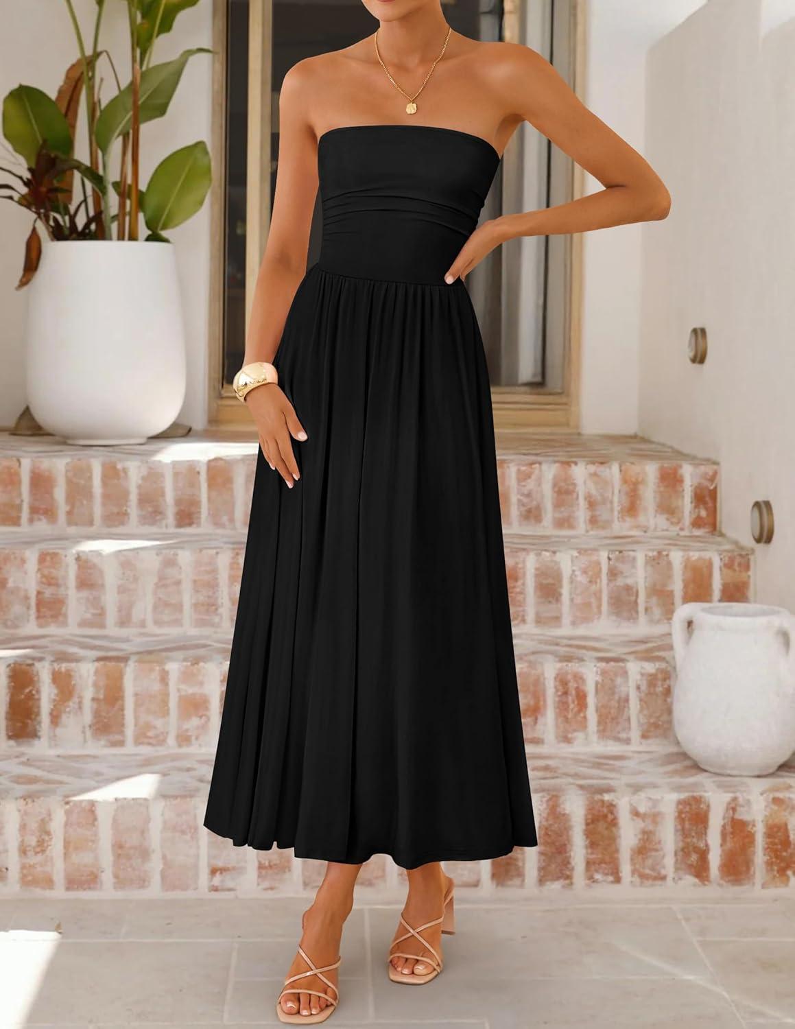 imageZESICA Womens Summer Sleeveless Midi Dress 2026 Strapless Ruched A Line Flowy Wedding Guest Party Beach Long DressesBlack