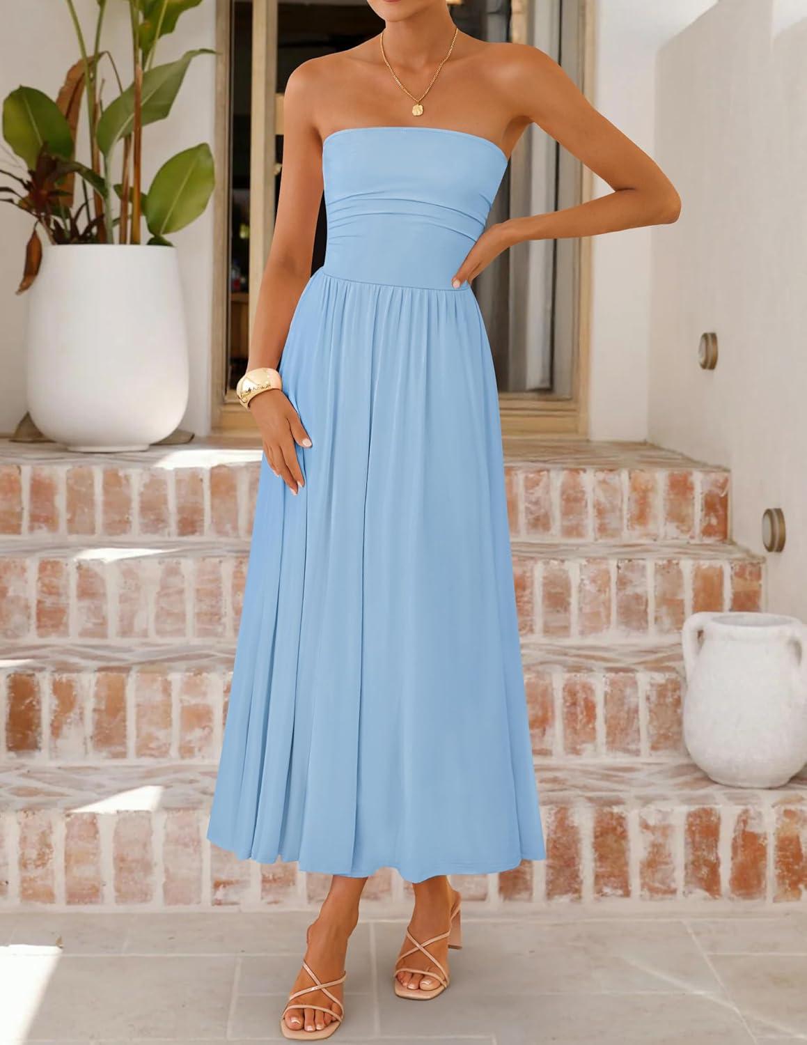 imageZESICA Womens Summer Sleeveless Midi Dress 2026 Strapless Ruched A Line Flowy Wedding Guest Party Beach Long DressesBlue
