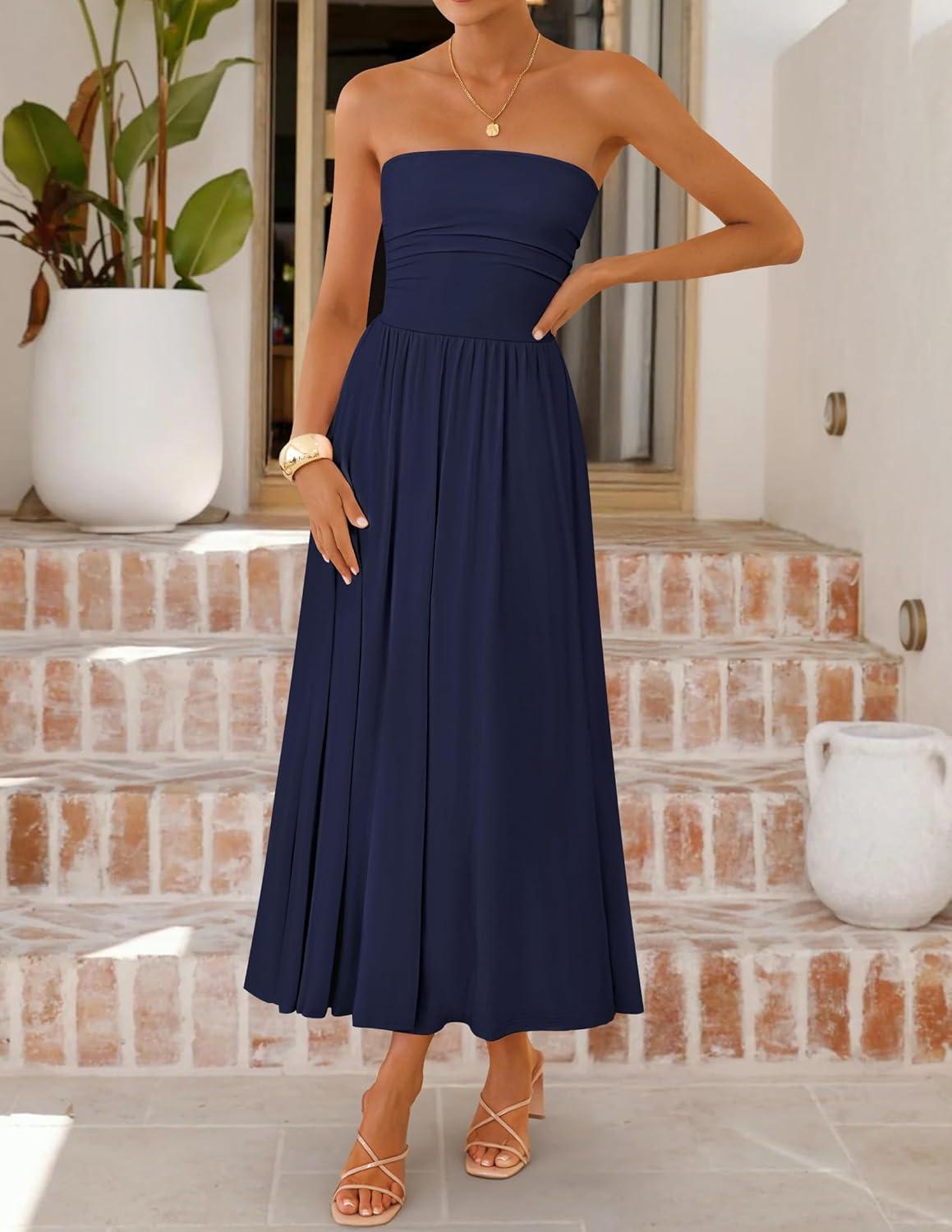 imageZESICA Womens Summer Sleeveless Midi Dress 2026 Strapless Ruched A Line Flowy Wedding Guest Party Beach Long DressesNavy