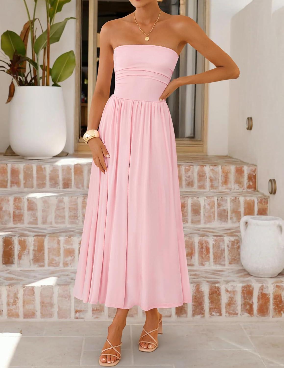 imageZESICA Womens Summer Sleeveless Midi Dress 2026 Strapless Ruched A Line Flowy Wedding Guest Party Beach Long DressesPink