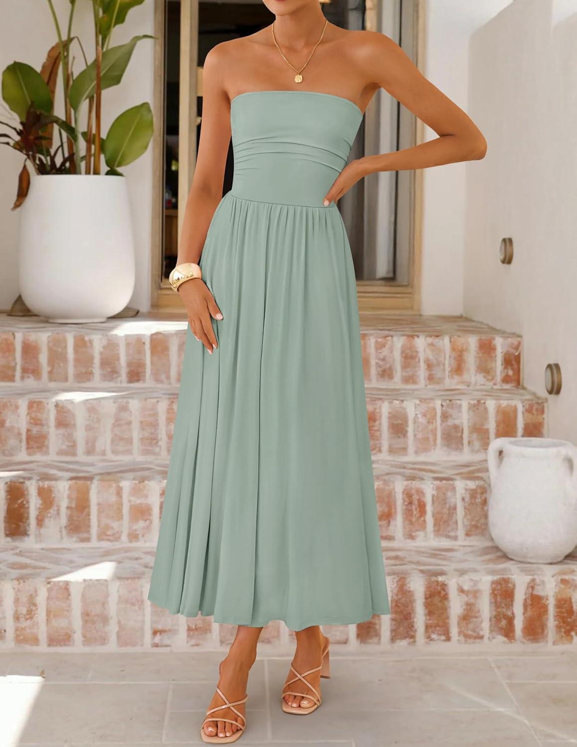 imageZESICA Womens Summer Sleeveless Midi Dress 2026 Strapless Ruched A Line Flowy Wedding Guest Party Beach Long DressesSage