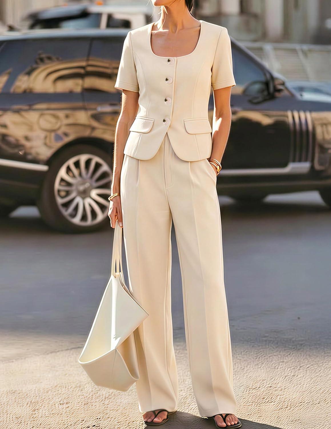 imageZESICA Womens Summer Two Pieces Suits Set 2026 Short Sleeve Blazer Wide Leg Pants Business Casual Outfits SetsApricot