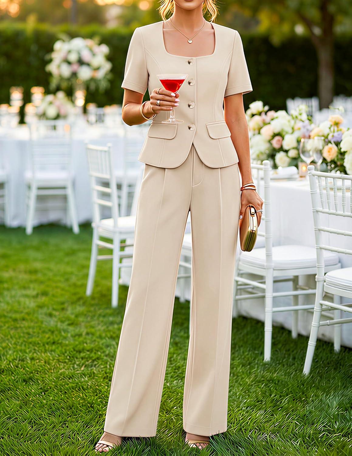 imageZESICA Womens Summer Two Pieces Suits Set 2026 Short Sleeve Blazer Wide Leg Pants Business Casual Outfits SetsApricot