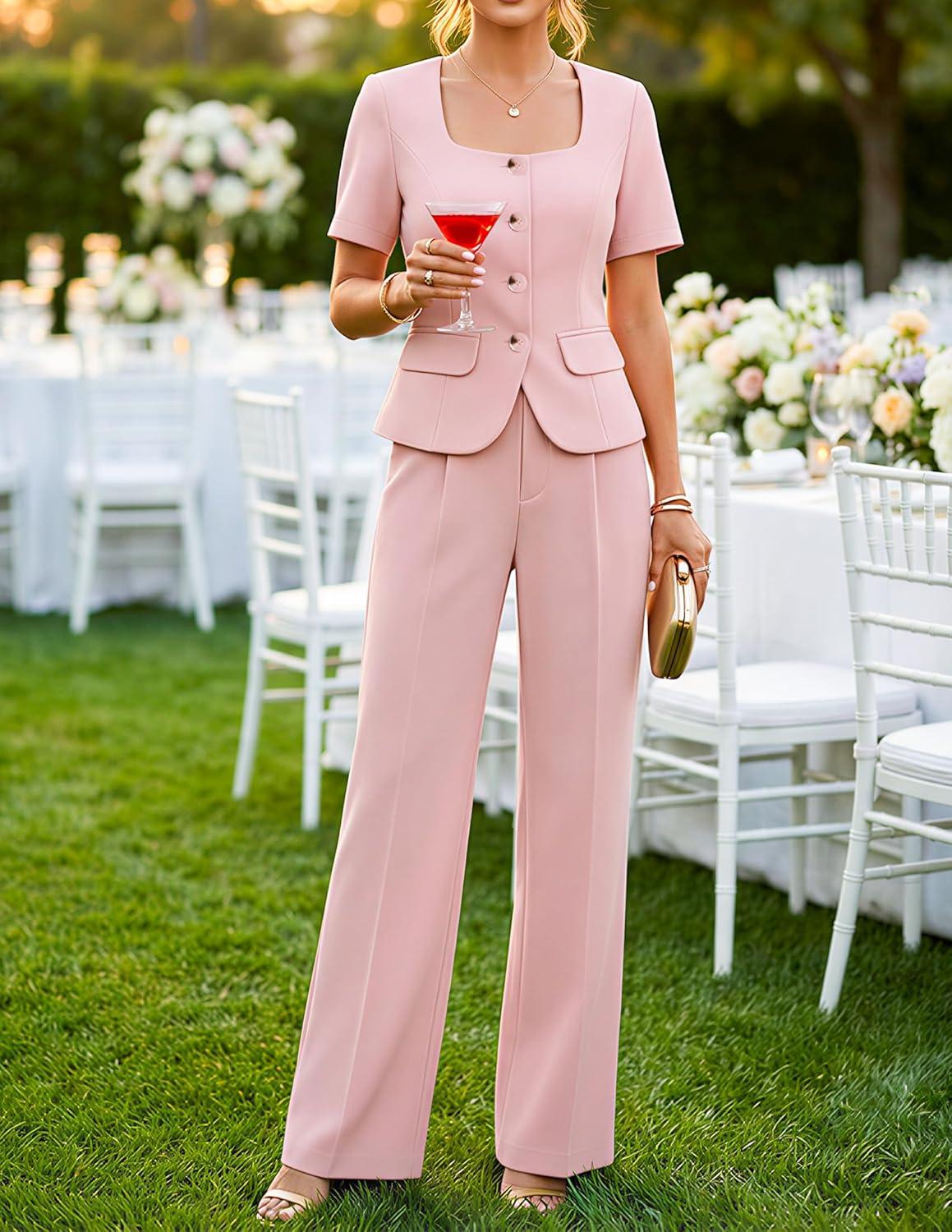 imageZESICA Womens Summer Two Pieces Suits Set 2026 Short Sleeve Blazer Wide Leg Pants Business Casual Outfits SetsLight Pink