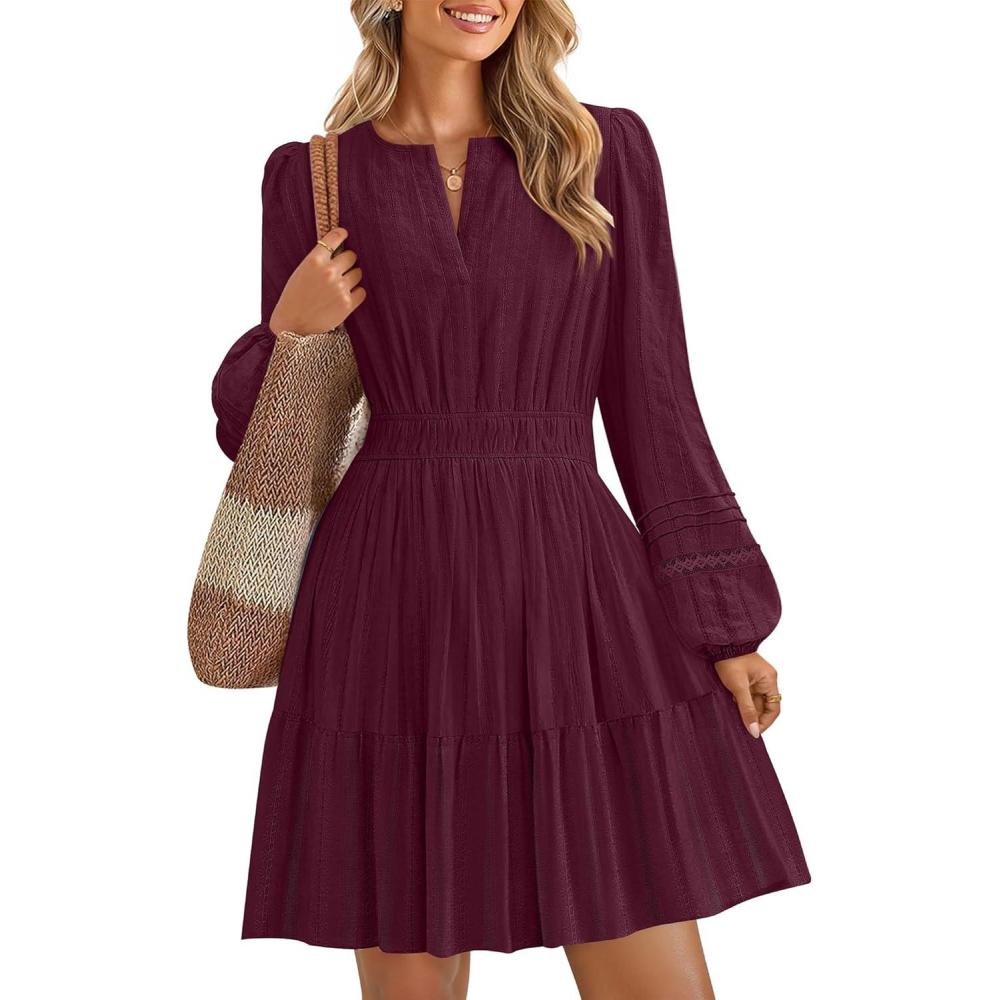imageZESICA Long Sleeve V Neck Mini Dresses for Women 2026 Spring High Waist Ruffle Pleated A Line Cocktail Party Short DressWine