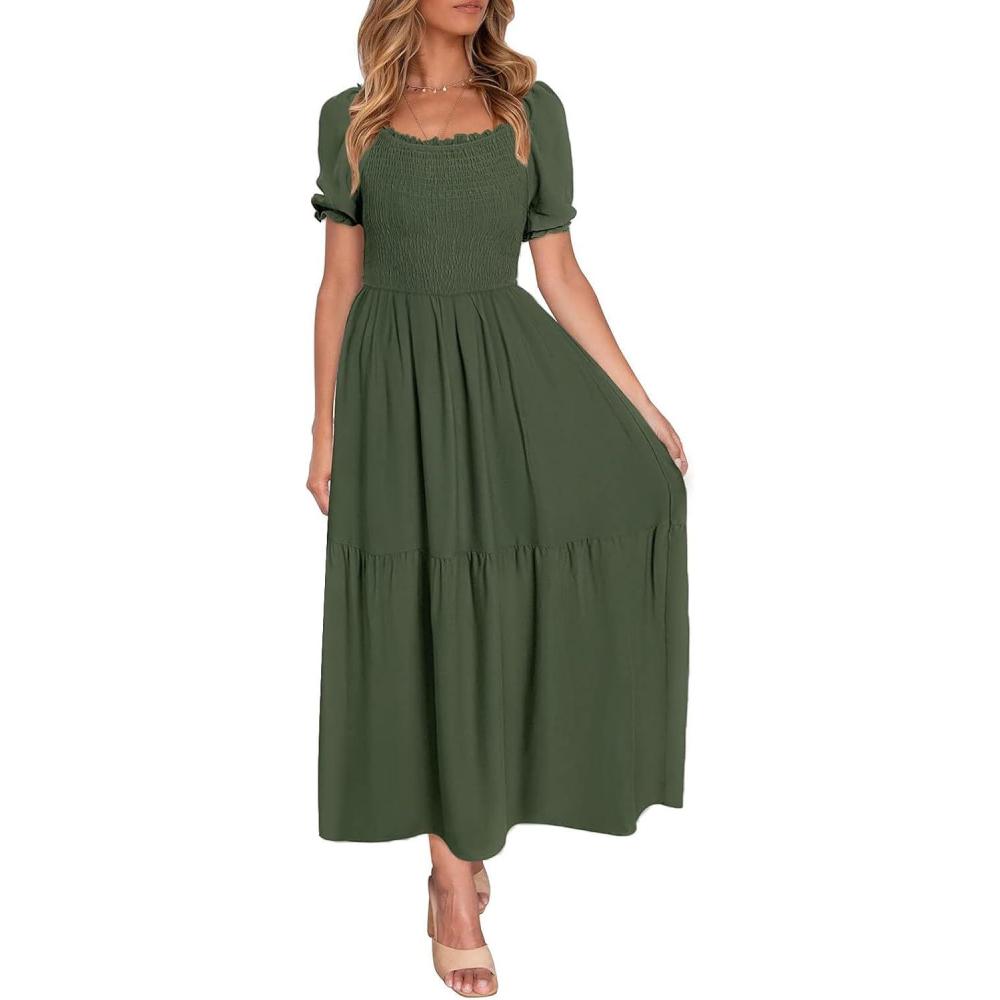imageZESICA Womens 2026 Summer Boho Floral Print Square Neck Ruffle Swing Beach Long Maxi DressArmygreen