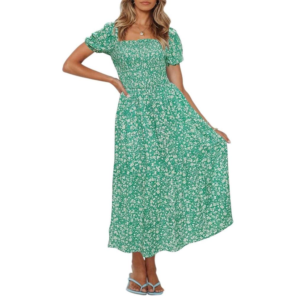 imageZESICA Womens 2026 Summer Boho Floral Print Square Neck Ruffle Swing Beach Long Maxi DressGreen