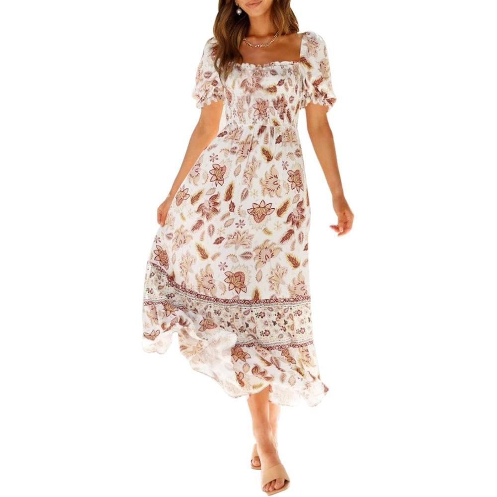 imageZESICA Womens 2026 Summer Boho Floral Print Square Neck Ruffle Swing Beach Long Maxi DressIvory