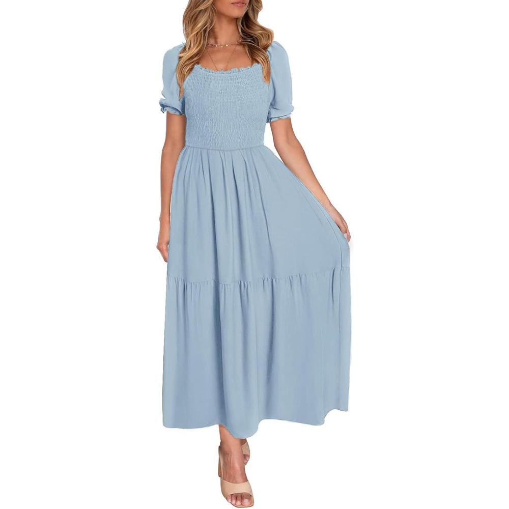 imageZESICA Womens 2026 Summer Boho Floral Print Square Neck Ruffle Swing Beach Long Maxi DressLightblue