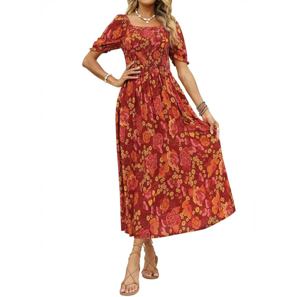imageZESICA Womens 2026 Summer Boho Floral Print Square Neck Ruffle Swing Beach Long Maxi DressOrangeRed