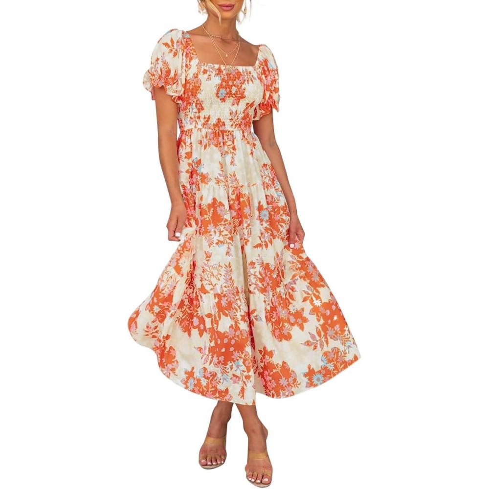 imageZESICA Womens 2026 Summer Boho Floral Print Square Neck Ruffle Swing Beach Long Maxi DressTangerine