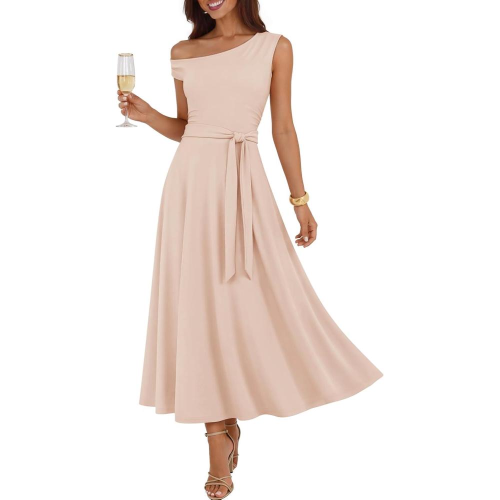 imageZESICA Womens Summer One Shoulder Cocktail Maxi Dress 2026 Formal Sleeveless Flowy Wedding Guest Party Dresses with BeltApricot