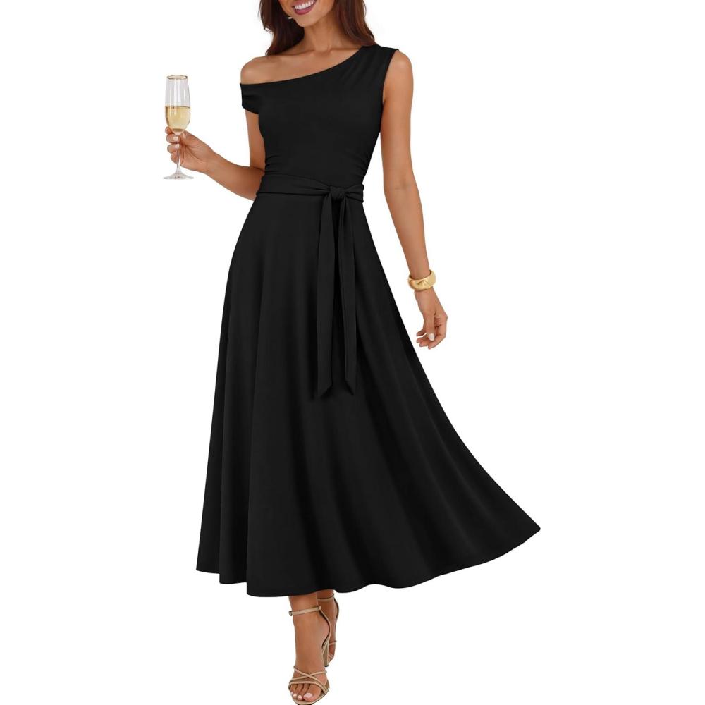 imageZESICA Womens Summer One Shoulder Cocktail Maxi Dress 2026 Formal Sleeveless Flowy Wedding Guest Party Dresses with BeltBlack