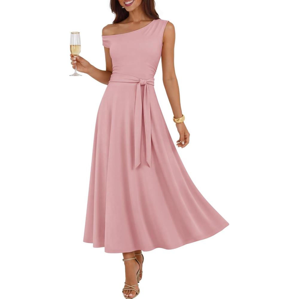 imageZESICA Womens Summer One Shoulder Cocktail Maxi Dress 2026 Formal Sleeveless Flowy Wedding Guest Party Dresses with BeltPink