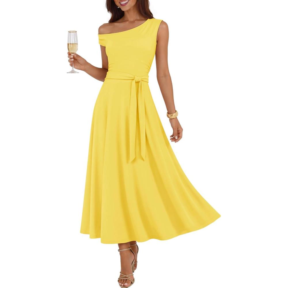 imageZESICA Womens Summer One Shoulder Cocktail Maxi Dress 2026 Formal Sleeveless Flowy Wedding Guest Party Dresses with BeltYellow