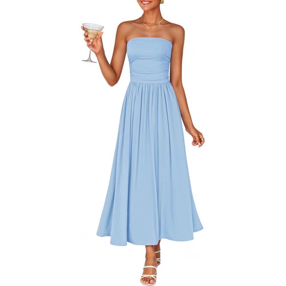 imageZESICA Womens Summer Sleeveless Midi Dress 2026 Strapless Ruched A Line Flowy Wedding Guest Party Beach Long DressesBlue