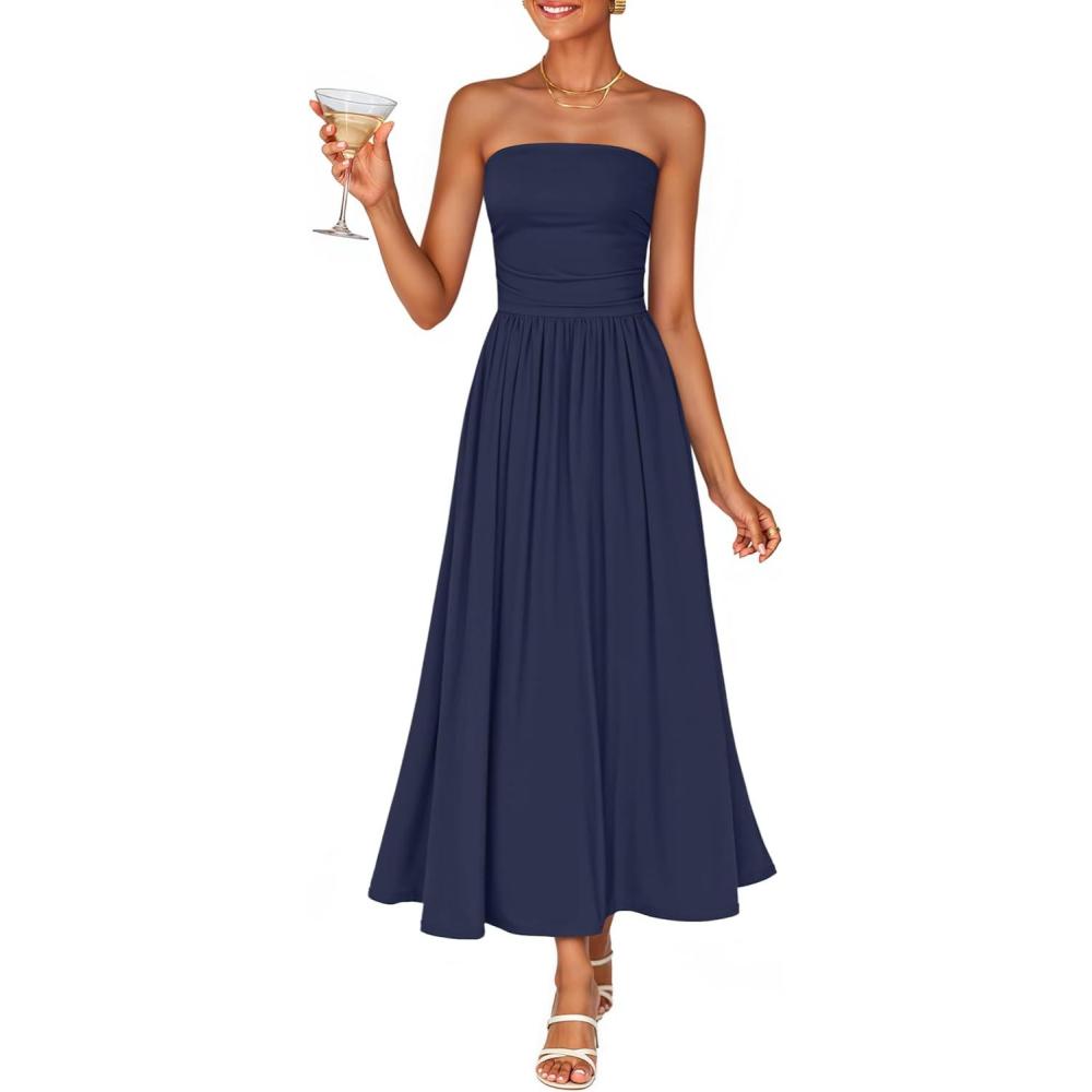 imageZESICA Womens Summer Sleeveless Midi Dress 2026 Strapless Ruched A Line Flowy Wedding Guest Party Beach Long DressesNavy