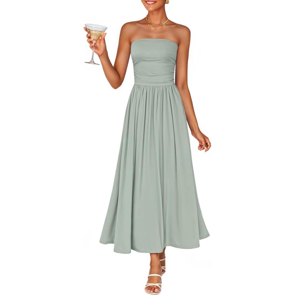 imageZESICA Womens Summer Sleeveless Midi Dress 2026 Strapless Ruched A Line Flowy Wedding Guest Party Beach Long DressesSage