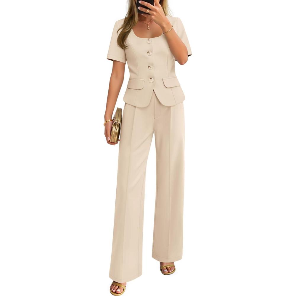 imageZESICA Womens Summer Two Pieces Suits Set 2026 Short Sleeve Blazer Wide Leg Pants Business Casual Outfits SetsApricot