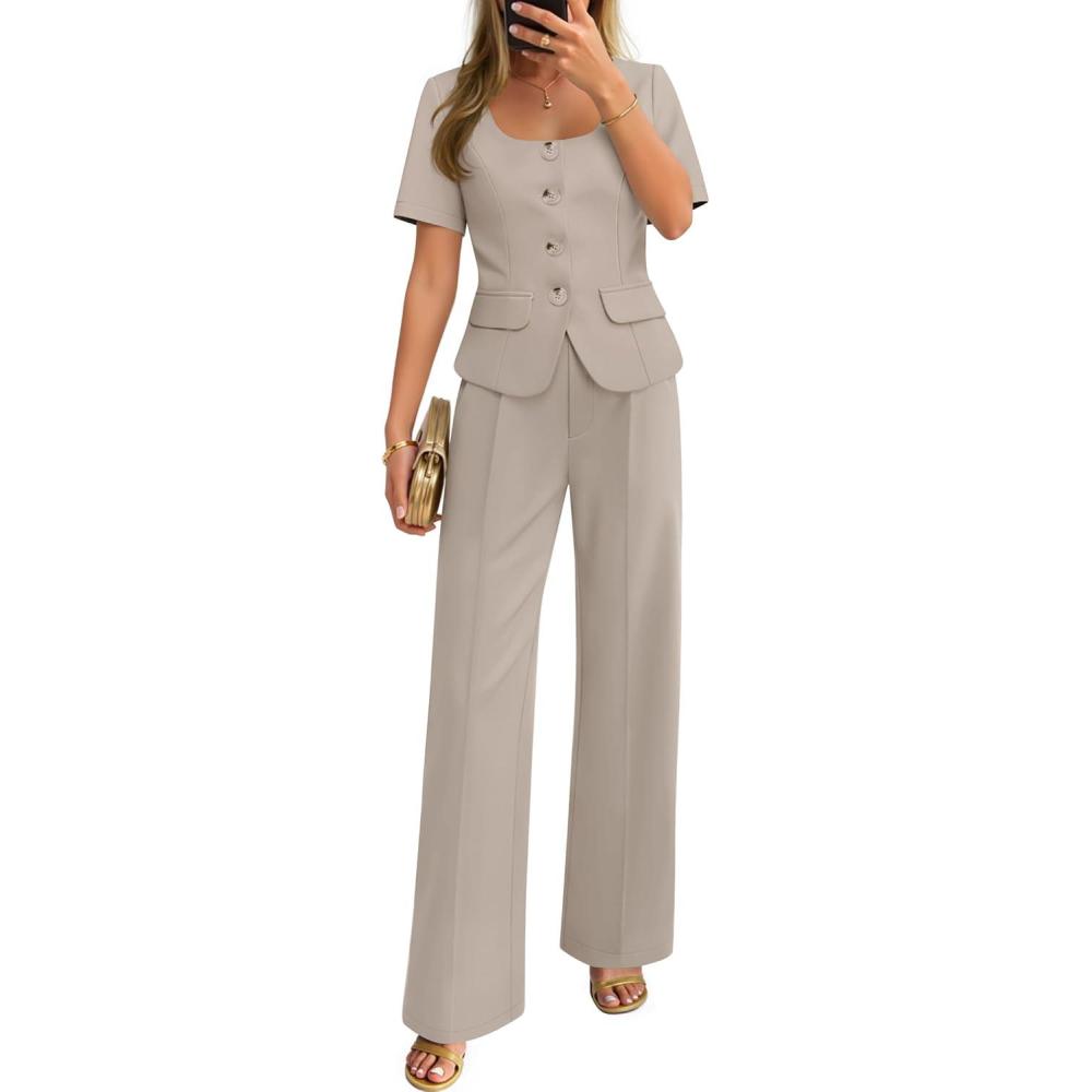 imageZESICA Womens Summer Two Pieces Suits Set 2026 Short Sleeve Blazer Wide Leg Pants Business Casual Outfits SetsGrey Khaki