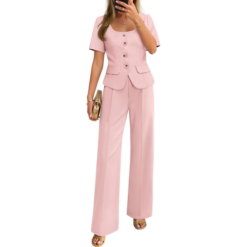 imageZESICA Womens Summer Two Pieces Suits Set 2026 Short Sleeve Blazer Wide Leg Pants Business Casual Outfits SetsLight Pink