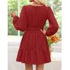 ZESICA Long Sleeve V Neck Mini Dresses for Women 2026 Spring High Waist Ruffle Pleated A Line Cocktail Party Short Dress(Red)