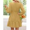 ZESICA Long Sleeve V Neck Mini Dresses for Women 2026 Spring High Waist Ruffle Pleated A Line Cocktail Party Short Dress(Yellow)