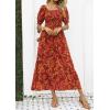 ZESICA Women’s 2026 Summer Boho Floral Print Square Neck Ruffle Swing Beach Long Maxi Dress(Orange/Red)