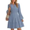 ZESICA Long Sleeve V Neck Mini Dresses for Women 2026 Spring High Waist Ruffle Pleated A Line Cocktail Party Short Dress(Dustyblue)