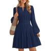 ZESICA Long Sleeve V Neck Mini Dresses for Women 2026 Spring High Waist Ruffle Pleated A Line Cocktail Party Short Dress(Navy)