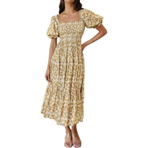ZESICA Women’s 2026 Summer Boho Floral Print Square Neck Ruffle Swing Beach Long Maxi Dress(Beige)