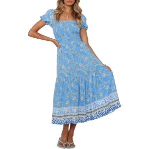 ZESICA Women’s 2026 Summer Boho Floral Print Square Neck Ruffle Swing Beach Long Maxi Dress(Blue)