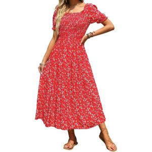 ZESICA Women’s 2026 Summer Boho Floral Print Square Neck Ruffle Swing Beach Long Maxi Dress(Cherry)