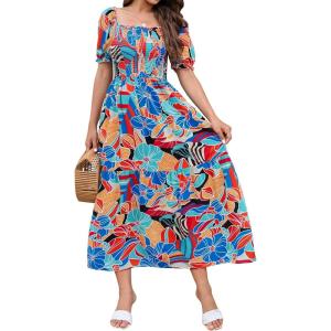 ZESICA Women’s 2026 Summer Boho Floral Print Square Neck Ruffle Swing Beach Long Maxi Dress(Greenblue)
