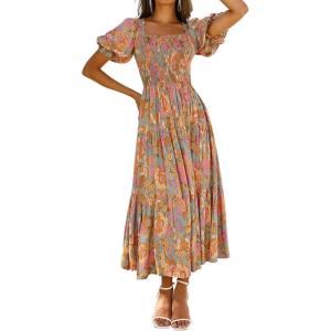 ZESICA Women’s 2026 Summer Boho Floral Print Square Neck Ruffle Swing Beach Long Maxi Dress(Greygreen)