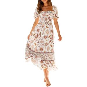 ZESICA Women’s 2026 Summer Boho Floral Print Square Neck Ruffle Swing Beach Long Maxi Dress(Ivory)