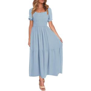 ZESICA Women’s 2026 Summer Boho Floral Print Square Neck Ruffle Swing Beach Long Maxi Dress(Lightblue)