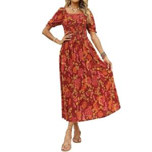 ZESICA Women’s 2026 Summer Boho Floral Print Square Neck Ruffle Swing Beach Long Maxi Dress(Orange/Red)