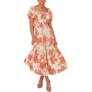 ZESICA Women’s 2026 Summer Boho Floral Print Square Neck Ruffle Swing Beach Long Maxi Dress(Tangerine)