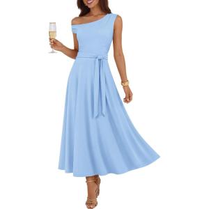 ZESICA Womens Summer One Shoulder Cocktail Maxi Dress 2026 Formal Sleeveless Flowy Wedding Guest Party Dresses with Belt(Light Blue)