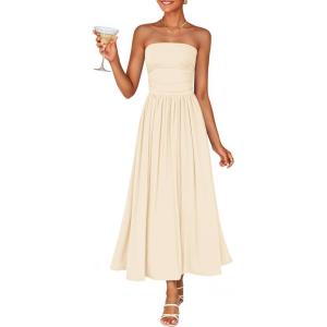 ZESICA Women’s Summer Sleeveless Midi Dress 2026 Strapless Ruched A Line Flowy Wedding Guest Party Beach Long Dresses(Apricot)