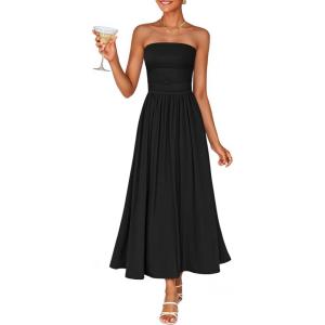 ZESICA Women’s Summer Sleeveless Midi Dress 2026 Strapless Ruched A Line Flowy Wedding Guest Party Beach Long Dresses(Black)