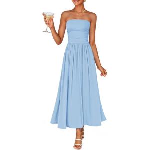 ZESICA Women’s Summer Sleeveless Midi Dress 2026 Strapless Ruched A Line Flowy Wedding Guest Party Beach Long Dresses(Blue)