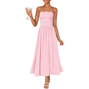 ZESICA Women’s Summer Sleeveless Midi Dress 2026 Strapless Ruched A Line Flowy Wedding Guest Party Beach Long Dresses(Pink)