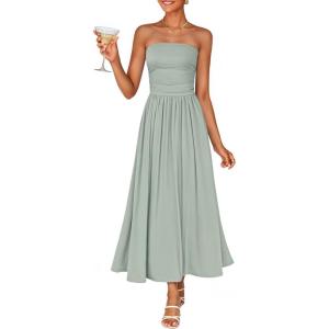 ZESICA Women’s Summer Sleeveless Midi Dress 2026 Strapless Ruched A Line Flowy Wedding Guest Party Beach Long Dresses(Sage)