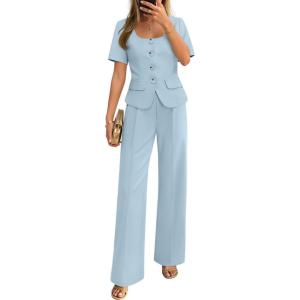 ZESICA Women’s Summer Two Pieces Suits Set 2026 Short Sleeve Blazer Wide Leg Pants Business Casual Outfits Sets(Light Blue)
