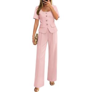 ZESICA Women’s Summer Two Pieces Suits Set 2026 Short Sleeve Blazer Wide Leg Pants Business Casual Outfits Sets(Light Pink)