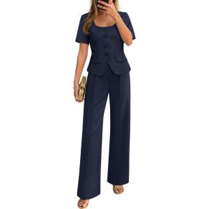 ZESICA Women’s Summer Two Pieces Suits Set 2026 Short Sleeve Blazer Wide Leg Pants Business Casual Outfits Sets(Navy)
