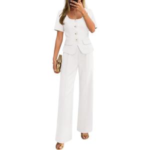 ZESICA Women’s Summer Two Pieces Suits Set 2026 Short Sleeve Blazer Wide Leg Pants Business Casual Outfits Sets(White)