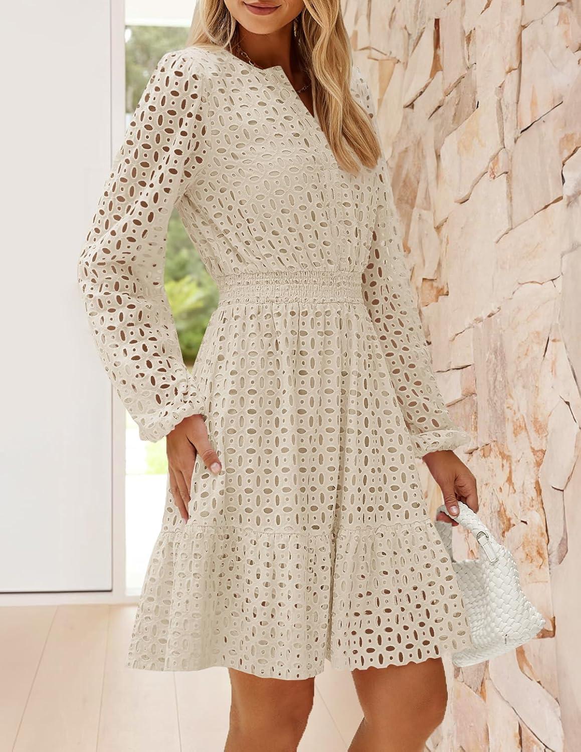 imageZESICA Womens 2026 Long Sleeve Mini Dress Fall V Neck Hollow Out Eyelet Embroidery Ruffle A Line Swing Short DressesApricot
